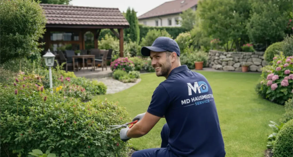 Mitarbeiter von MD Hausmeisterservice bei der Rasenpflege und dem Rückschnitt von Hecken.