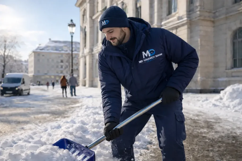 Ein Mitarbeiter von MD Hausmeisterservice räumt professionell Schnee auf einem Gehweg im Rhein-Main-Gebiet.