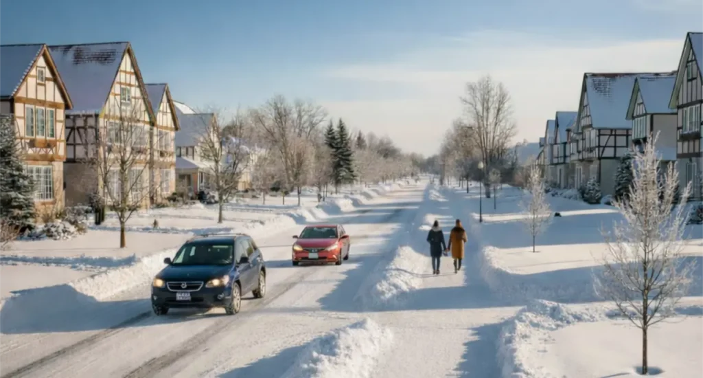 Ein Mitarbeiter von MD Hausmeisterservice bei der Schneeräumung auf einem Gehweg im Rhein-Main-Gebiet.