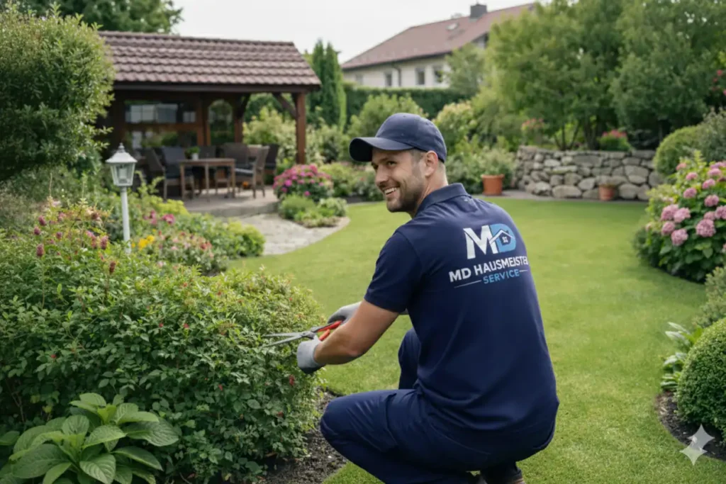 MD Hausmeisterservice bei der professionellen Gartenarbeit und Grünflächenpflege in einer Wohnanlage in Erlensee.