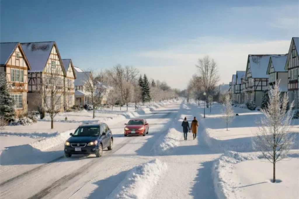 Ein Mitarbeiter von MD Hausmeisterservice bei der Schneeräumung und Streuarbeiten im Rhein-Main-Gebiet.
