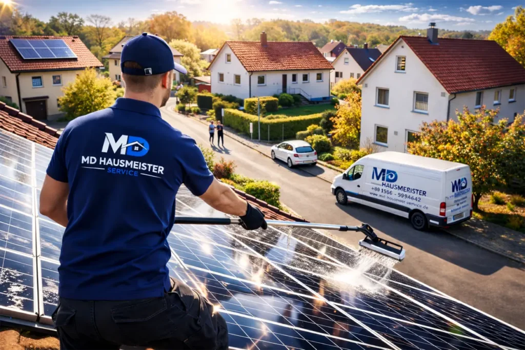 MD Hausmeister Service bei der Reinigung einer Solaranlage zur Ertragsoptimierung.