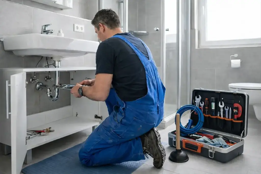 Hausmeister tauscht Dichtung an einem Waschbecken aus.