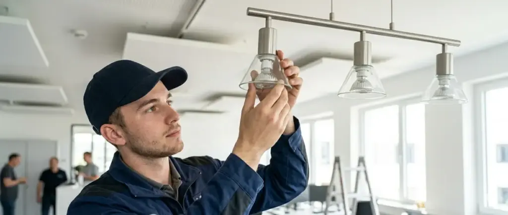 Hausmeister installiert eine neue Deckenlampe für einen Kunden.