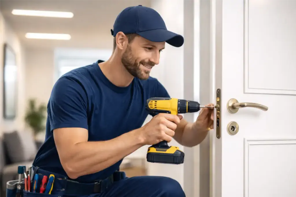 Mitarbeiter justiert die Scharniere einer klemmenden Zimmertür.